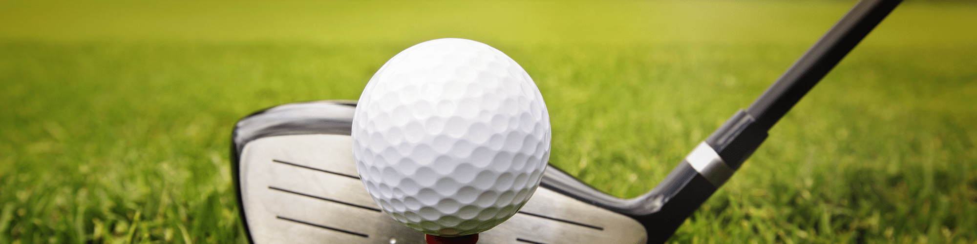 golf ball on a tee with an golf iron on the golf green 